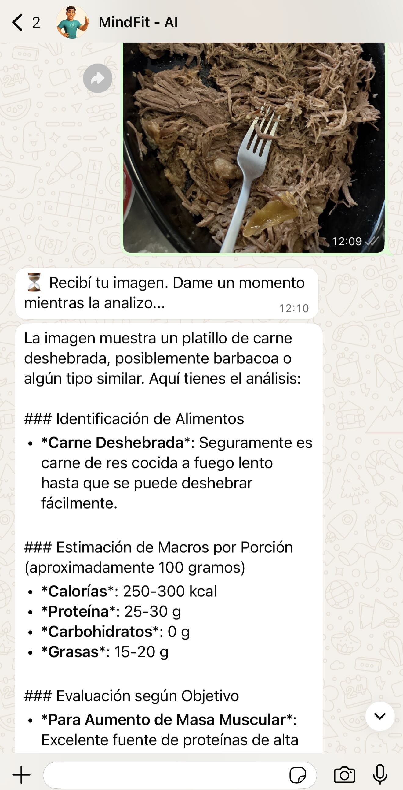 MindFit AI analizando foto de comida en WhatsApp