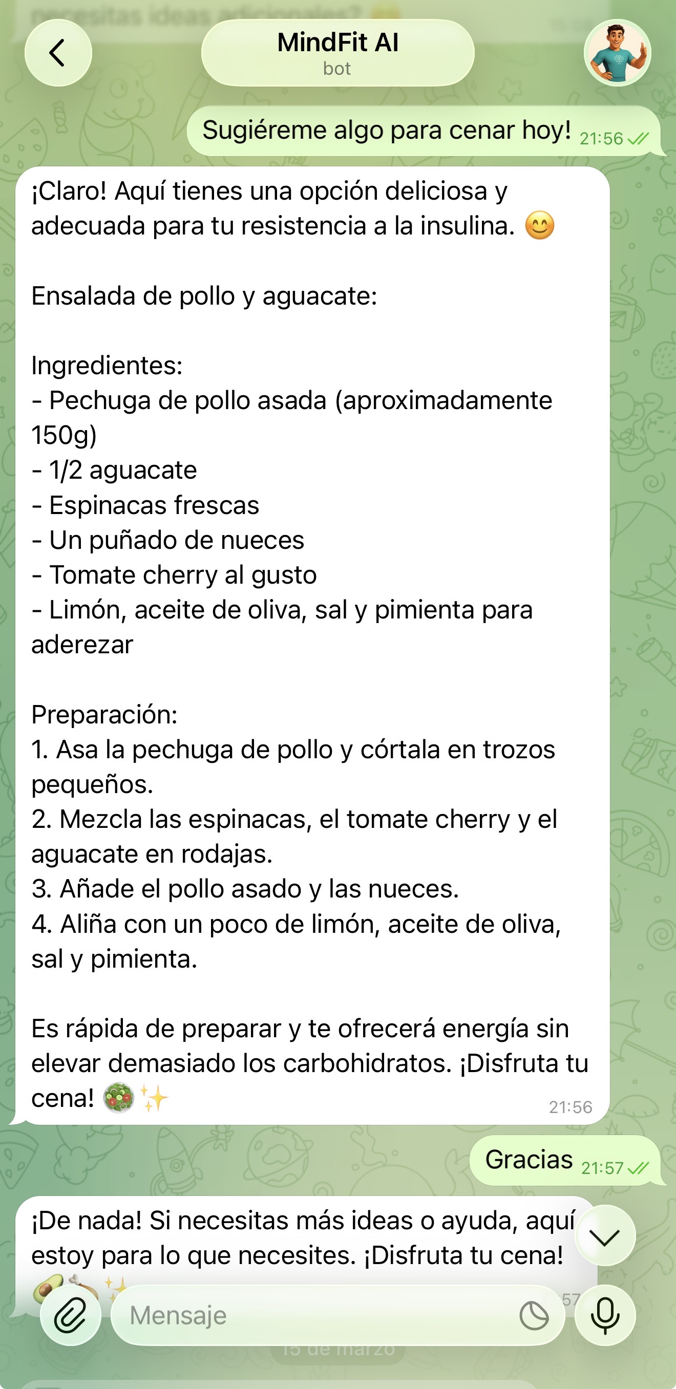 Conversación con coach MindFit AI en WhatsApp